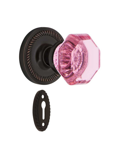 Rope Rosette Mortise Lock Set with Colored Waldorf Crystal Glass Knobs Pink in Timeless Bronze.